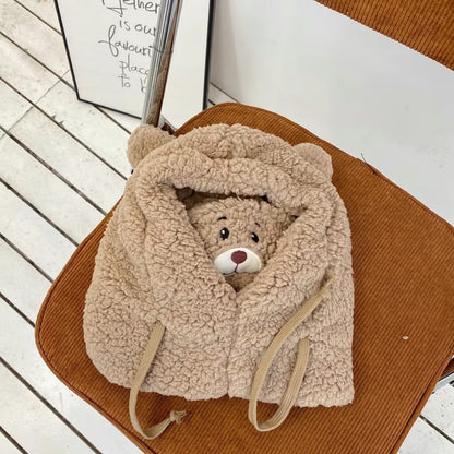 Cute Bear Plush Hat Winter Warm  Drawstring Design