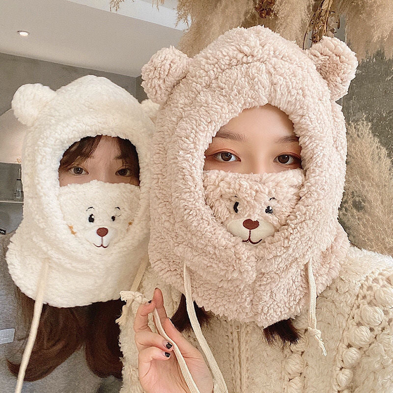 Cute Bear Plush Hat Winter Warm  Drawstring Design