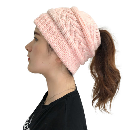 Ladies Ponytail Beanie Knit Stretch Hat