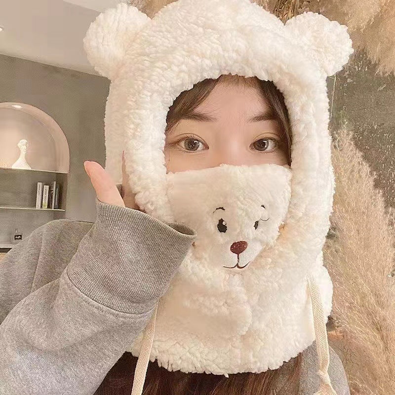 Cute Bear Plush Hat Winter Warm  Drawstring Design