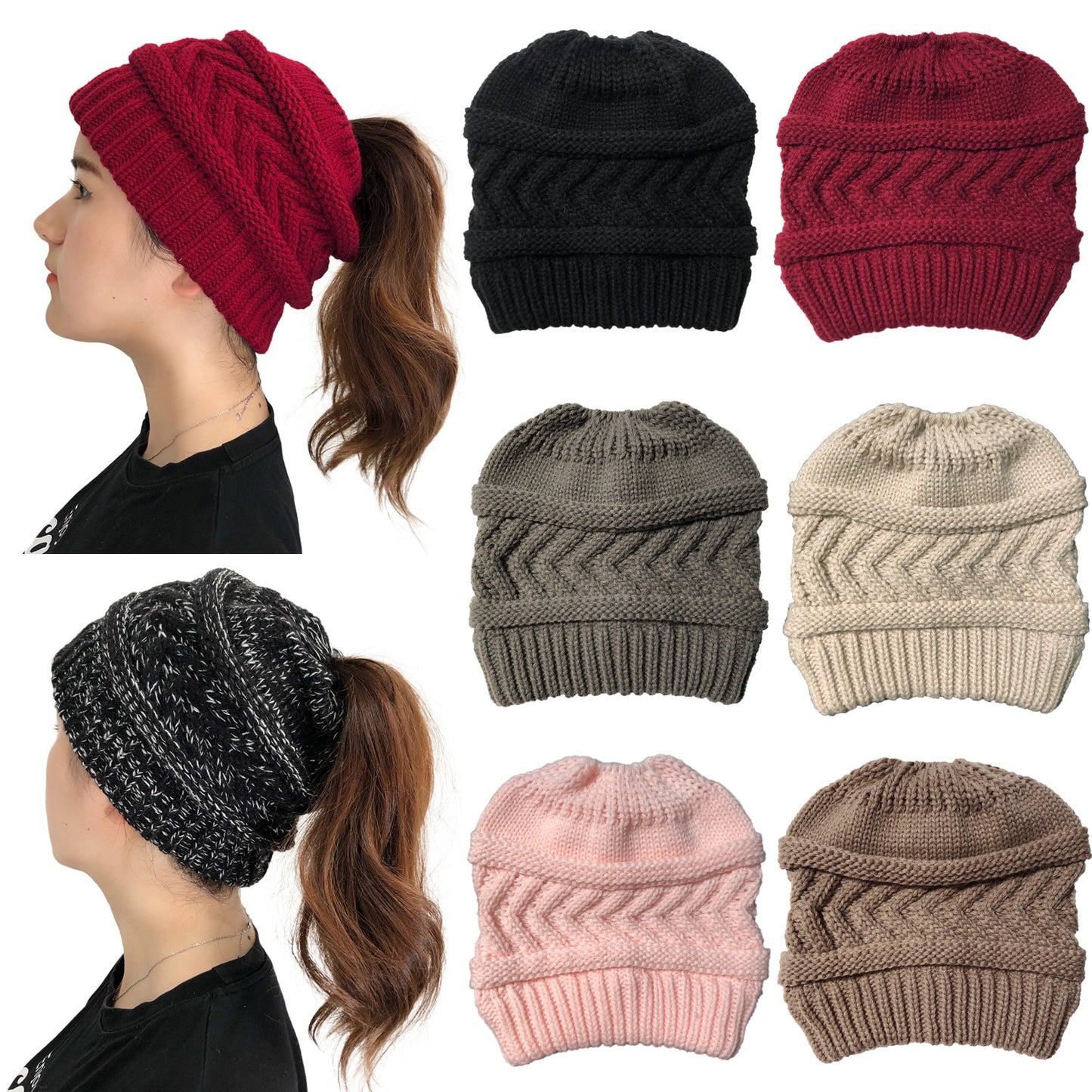 Ladies Ponytail Beanie Knit Stretch Hat