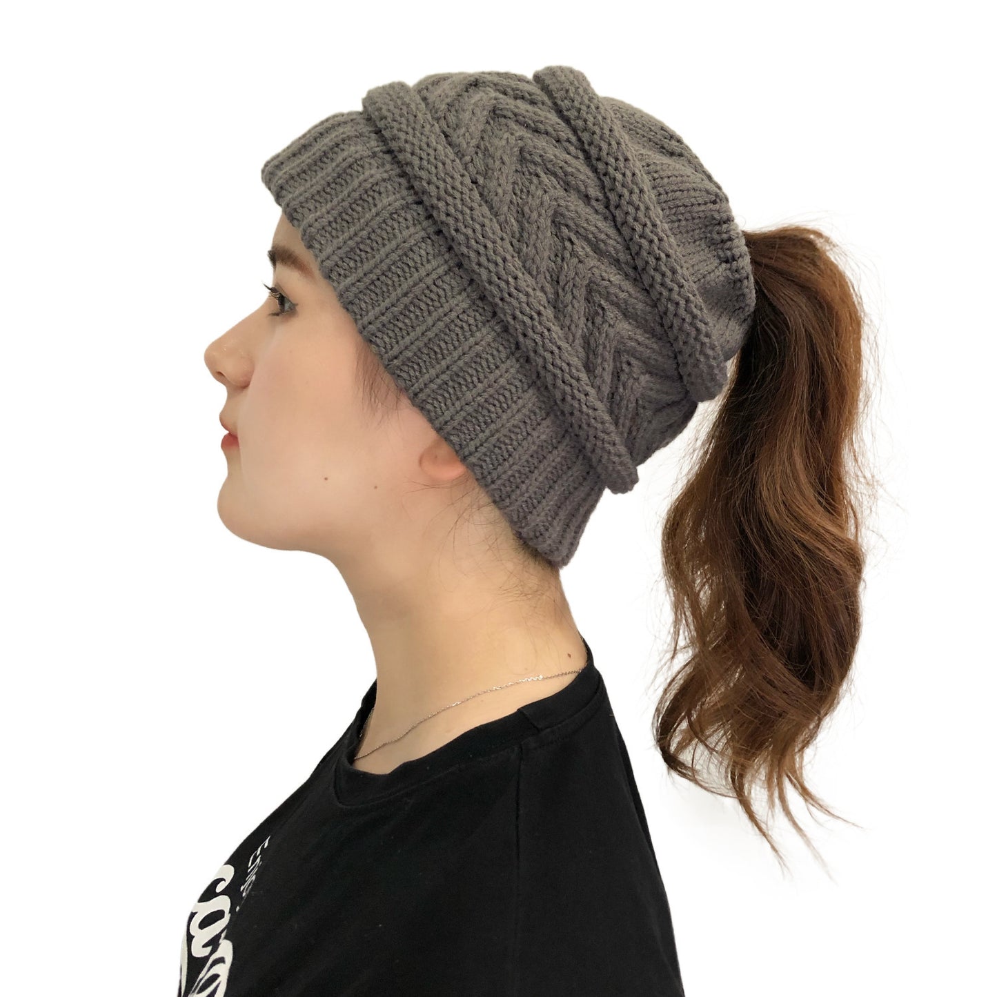 Ladies Ponytail Beanie Knit Stretch Hat