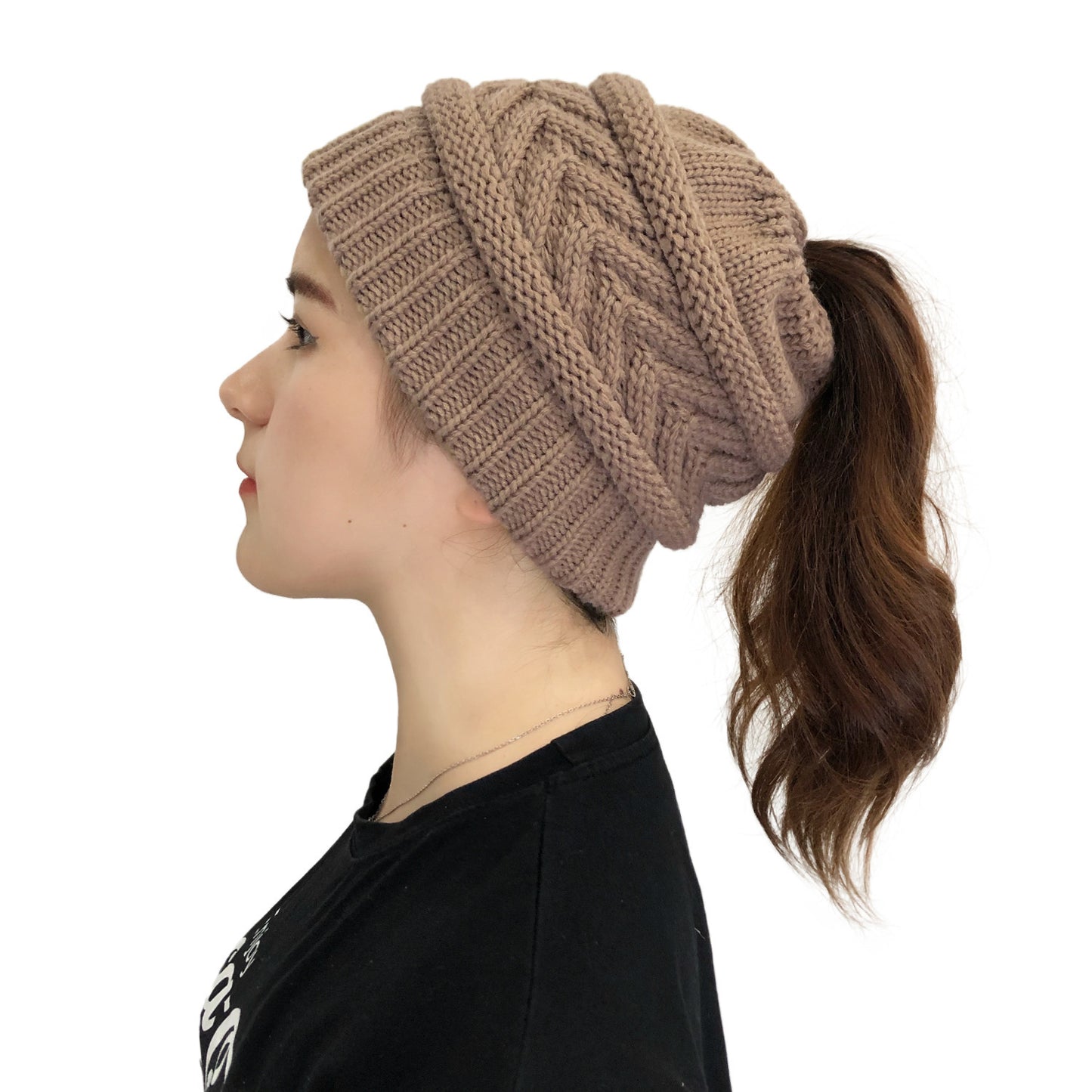 Ladies Ponytail Beanie Knit Stretch Hat