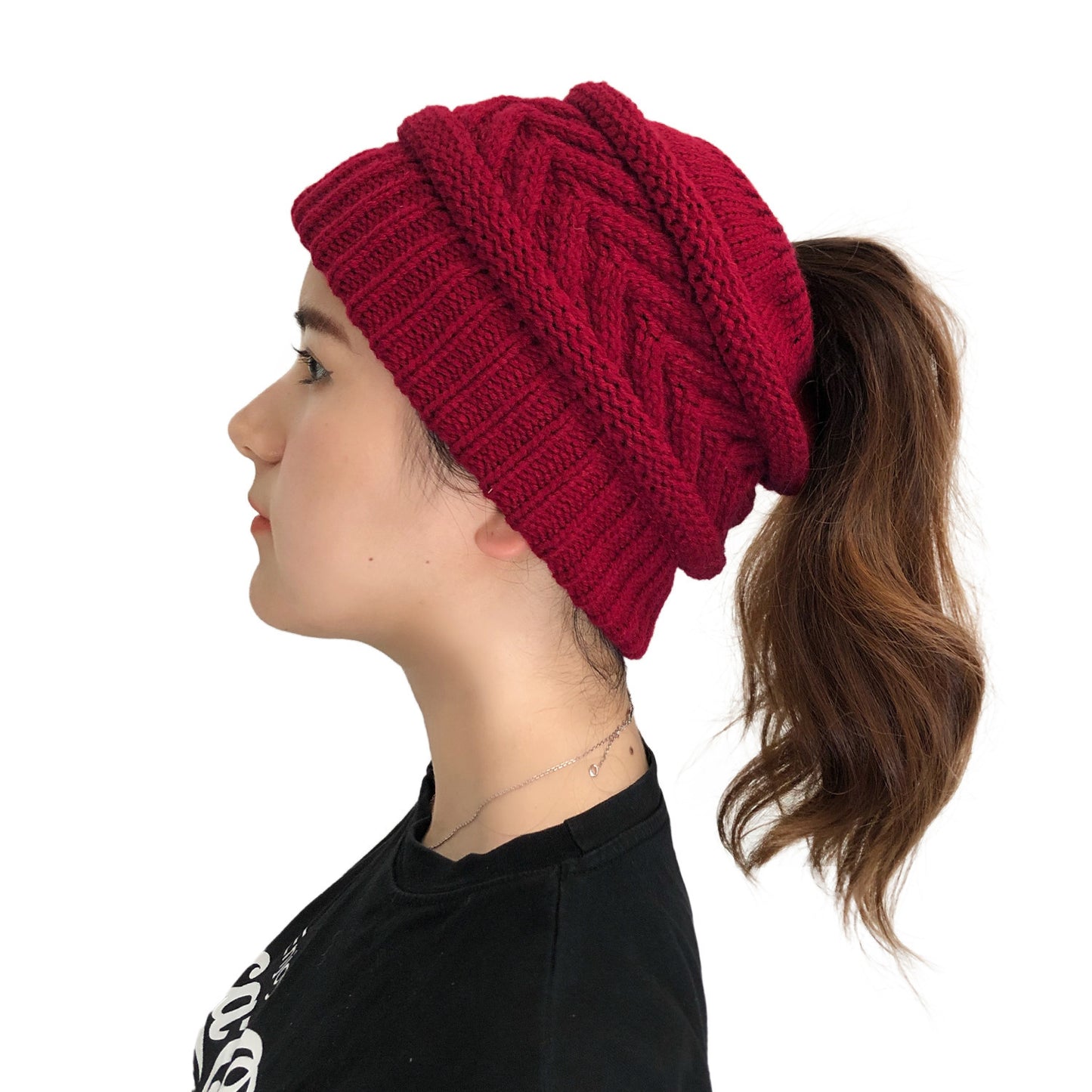 Ladies Ponytail Beanie Knit Stretch Hat