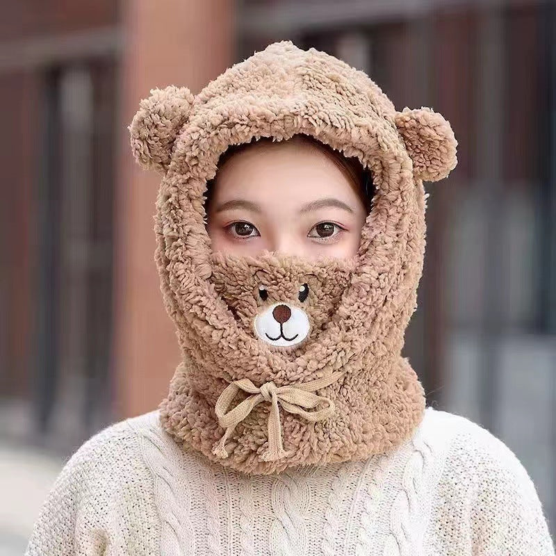 Cute Bear Plush Hat Winter Warm  Drawstring Design