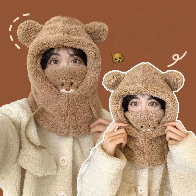 Cute Bear Plush Hat Winter Warm  Drawstring Design