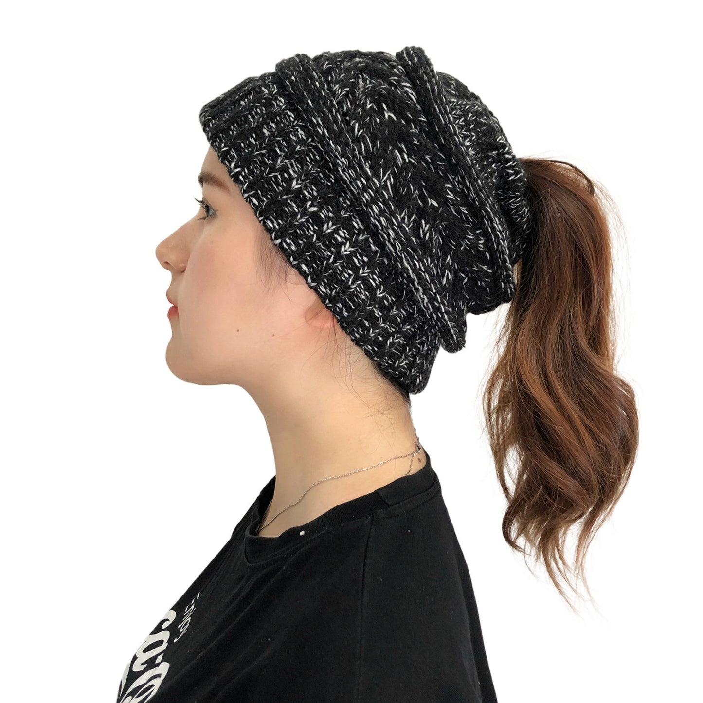 Ladies Ponytail Beanie Knit Stretch Hat