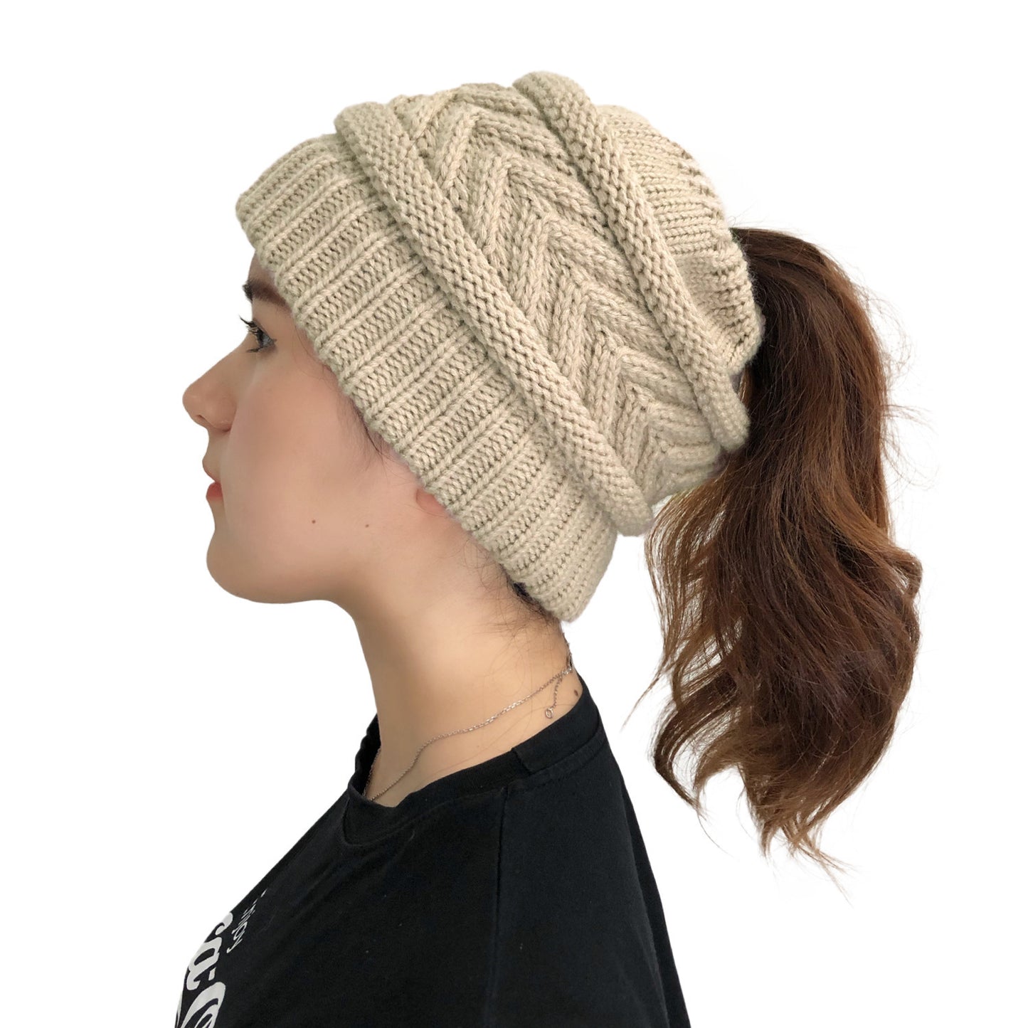 Ladies Ponytail Beanie Knit Stretch Hat