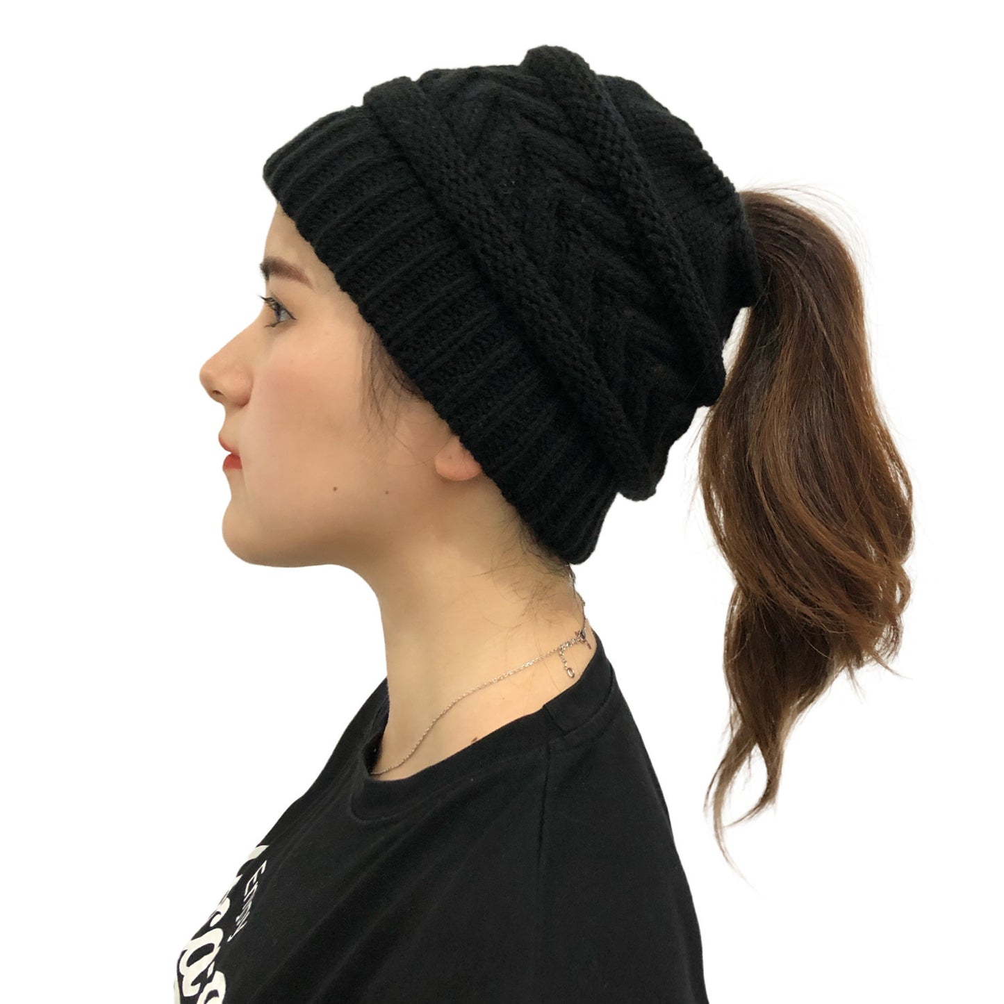 Ladies Ponytail Beanie Knit Stretch Hat