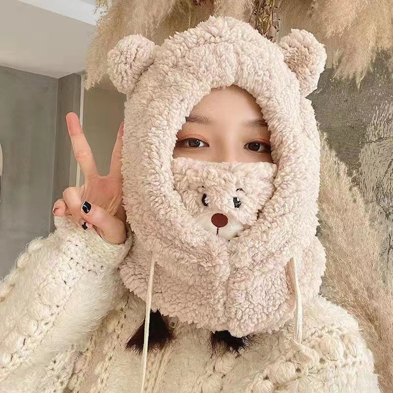 Cute Bear Plush Hat Winter Warm  Drawstring Design